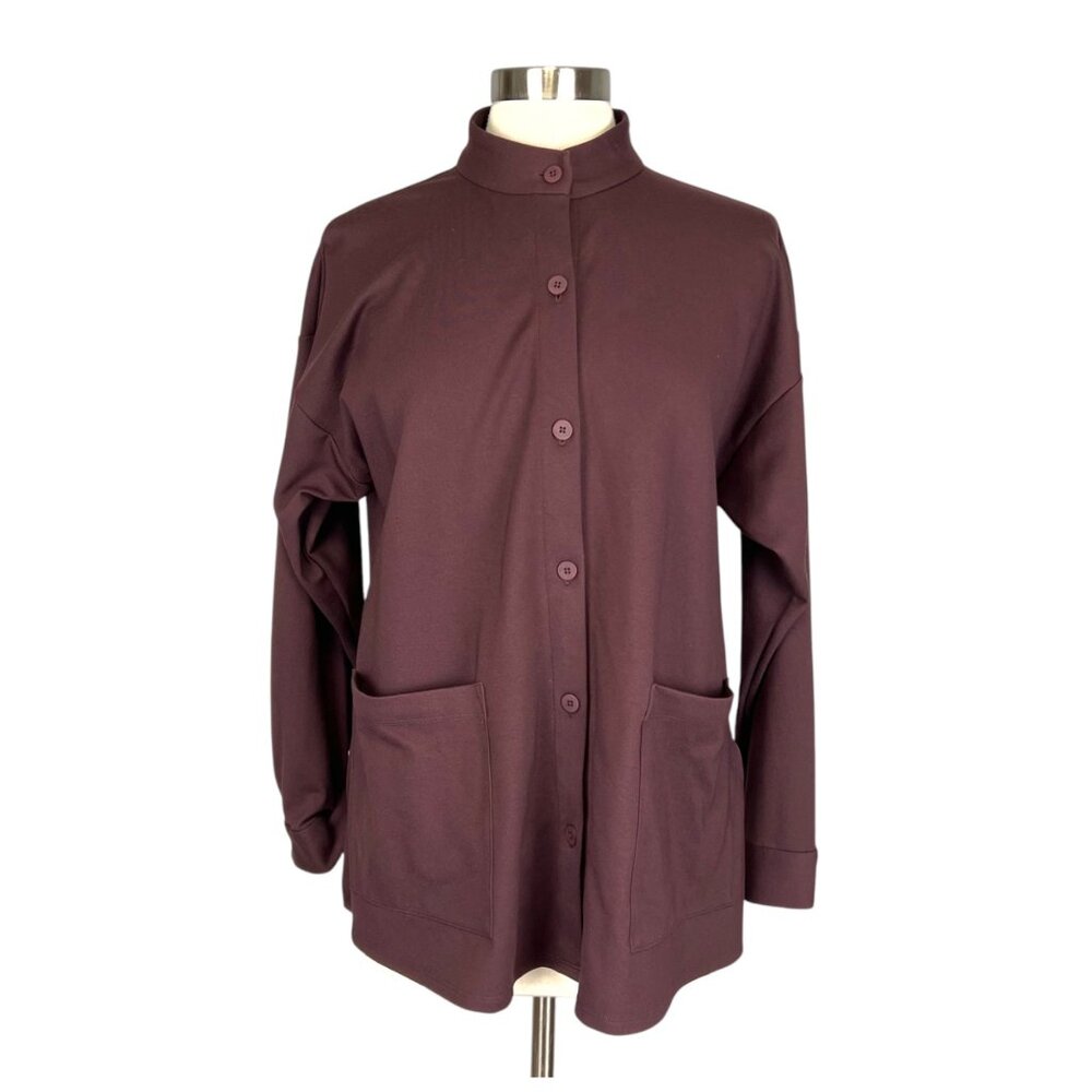 Eileen Fisher Womens Washable Flex Ponte Stand Collar Overshirt Brown size S